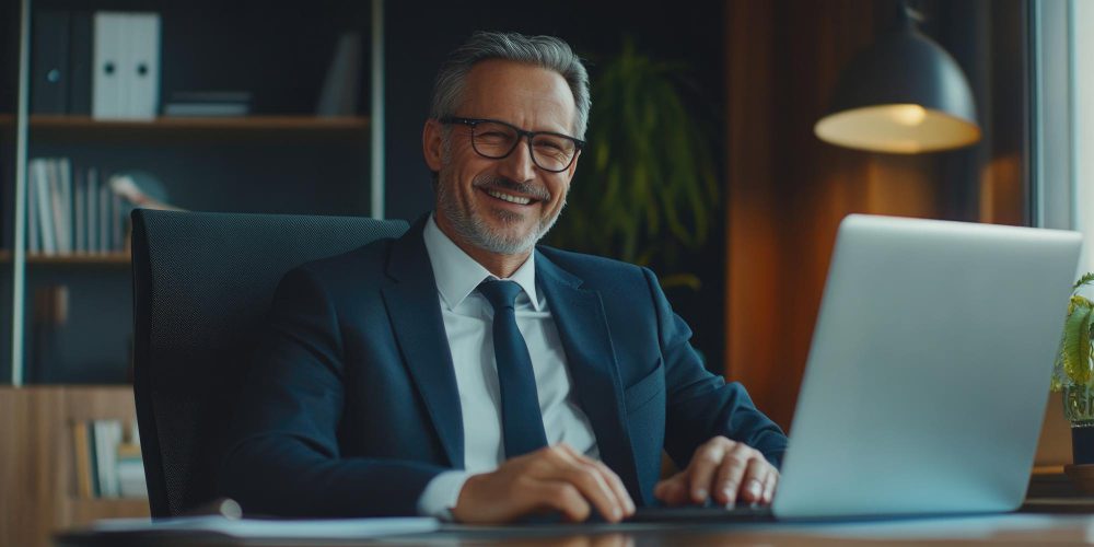 Advogado com site profissional e anúncios online representando estratégia de tráfego pago para gerar leads qualificados diariamente na advocacia.