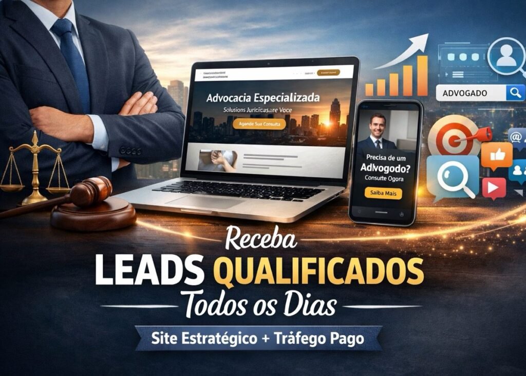 Advogado com site profissional e anúncios online representando estratégia de tráfego pago para gerar leads qualificados diariamente na advocacia.